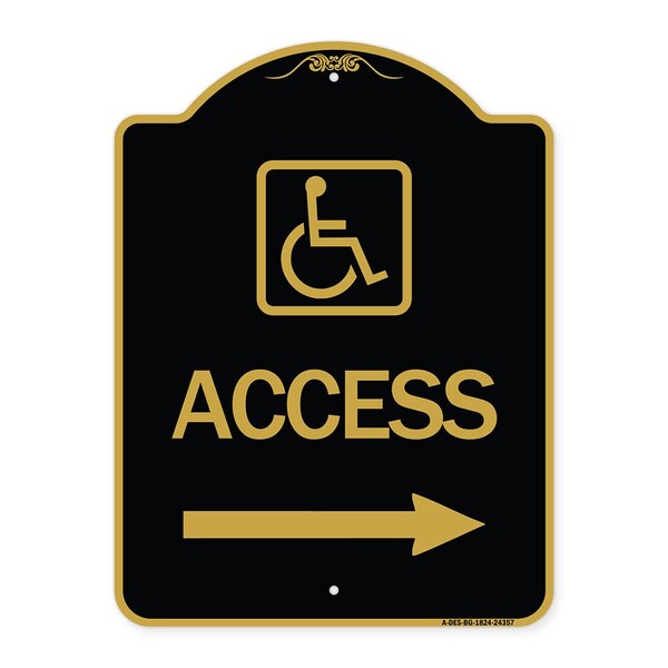 Access W/ Updated Isa and Right Arrow, Black & Gold Aluminum Sign, 18" H, BG-1824-24357